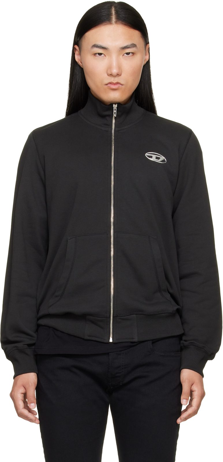Black Mock Neck Metallic Oval D Track Jacket 262001M202004