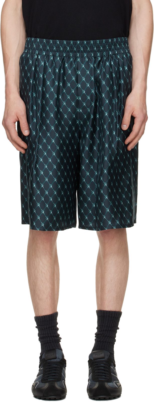 Blue Grid Print Silk Loose Pyjama Shorts 262251M193003