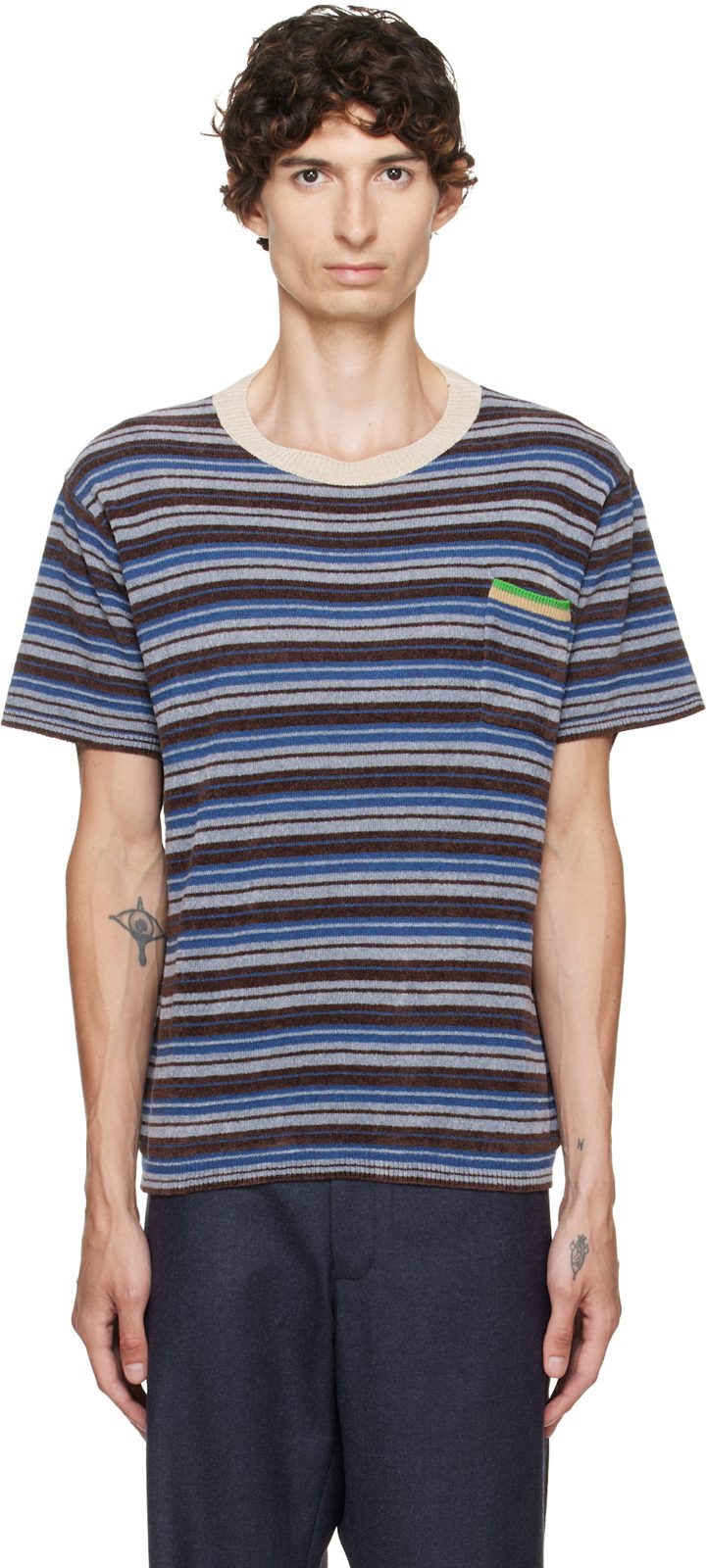 Blue Striped Wool Crewneck T-shirt 262168M213000
