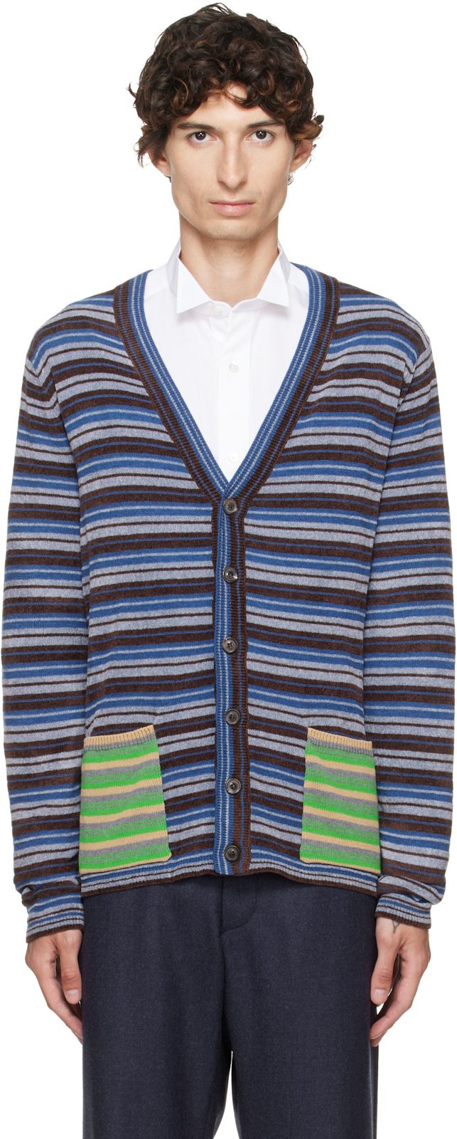 Blue Striped Wool Cardigan 262168M200000