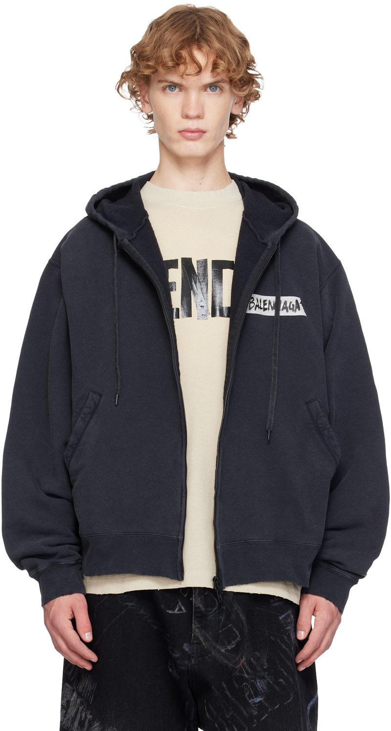Black Masking Tape Oversized Zip-Up Hoodie 262342M202011