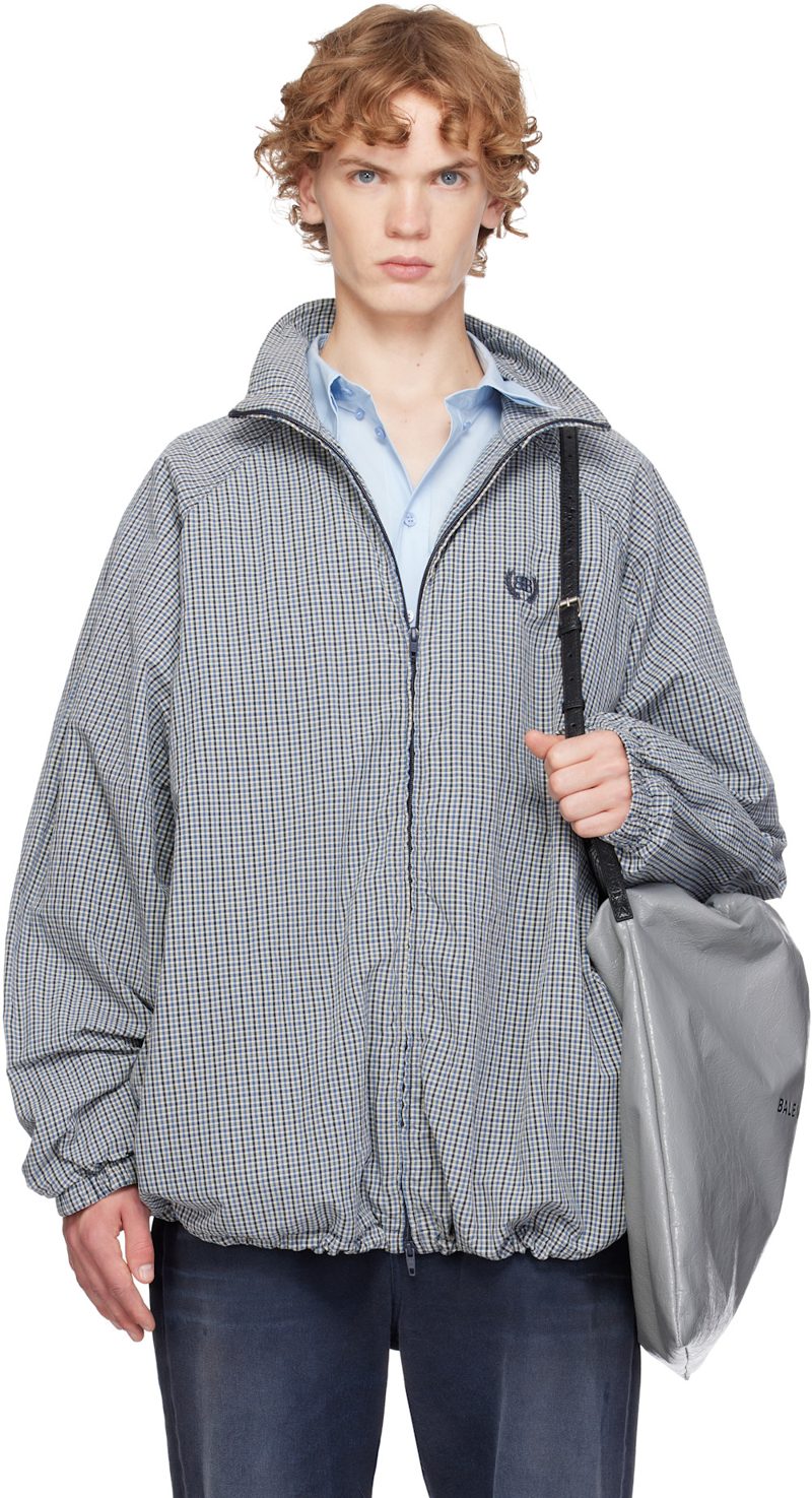Blue & Beige Cotton Linen Check Zip-Up Jacket 262342M180010