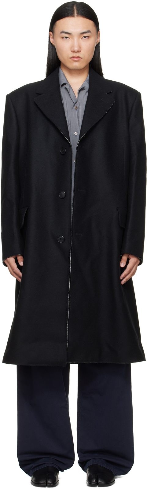 Black Wool Felt Single-Breasted Coat 262188M176002