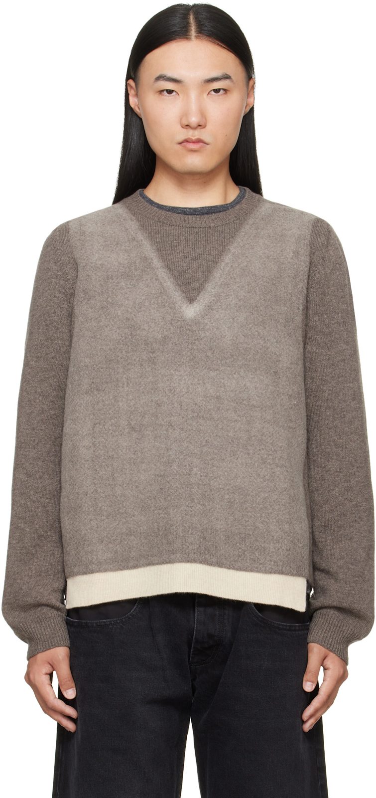 Gray Fused Knit Wool Crewneck Sweater 262168M201001