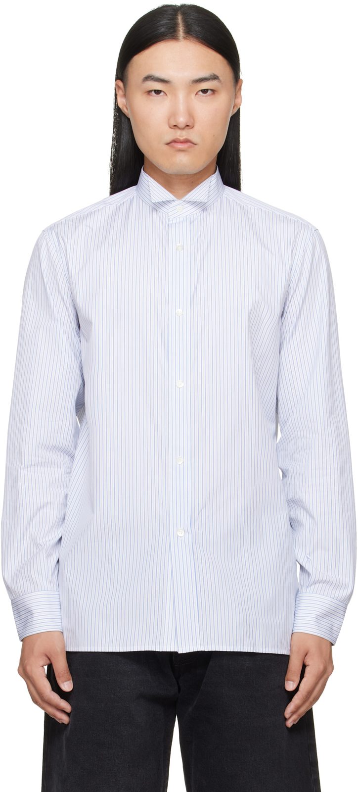 White & Blue Striped Cotton Shirt 262168M192006