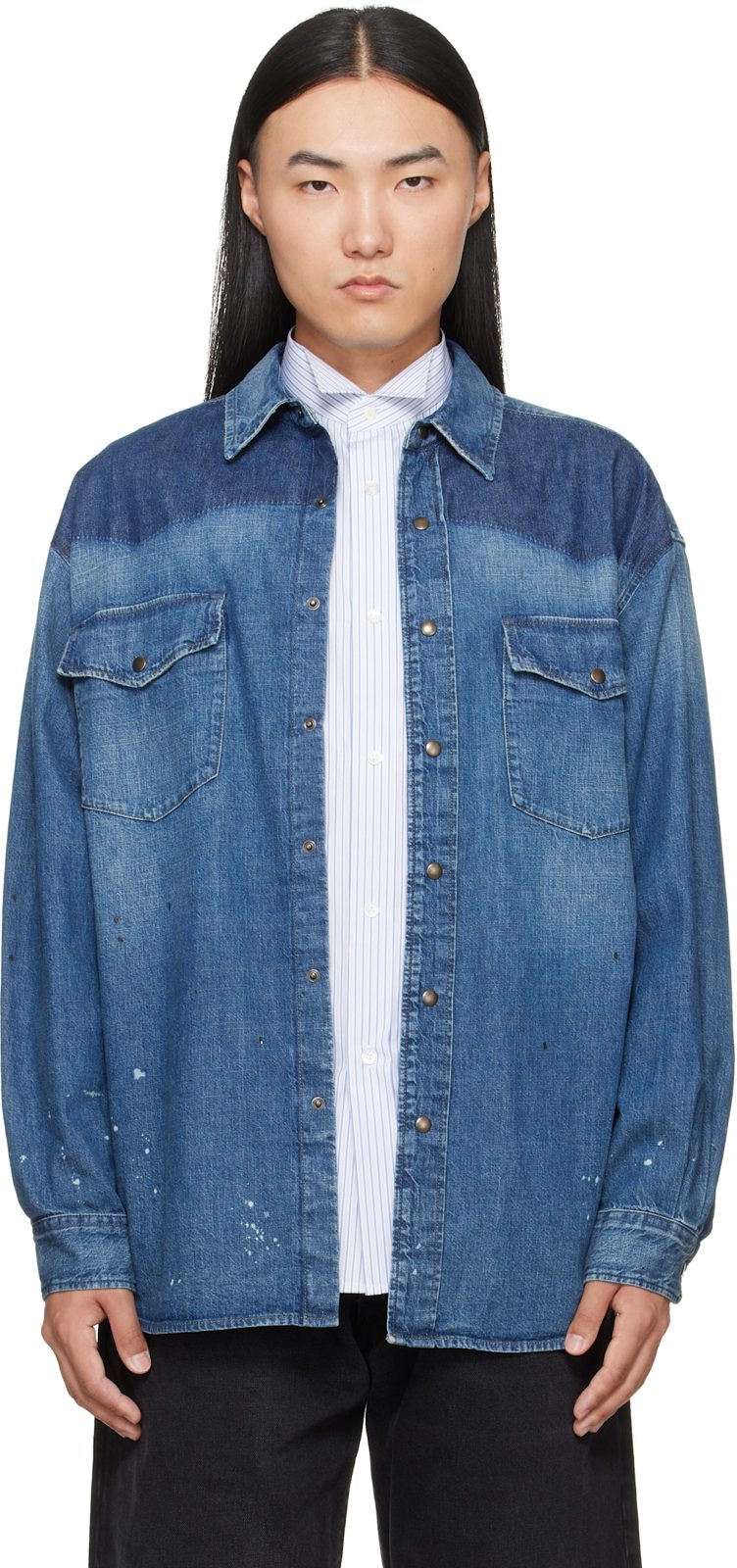 Blue Bicolor Denim Shirt 262168M192001