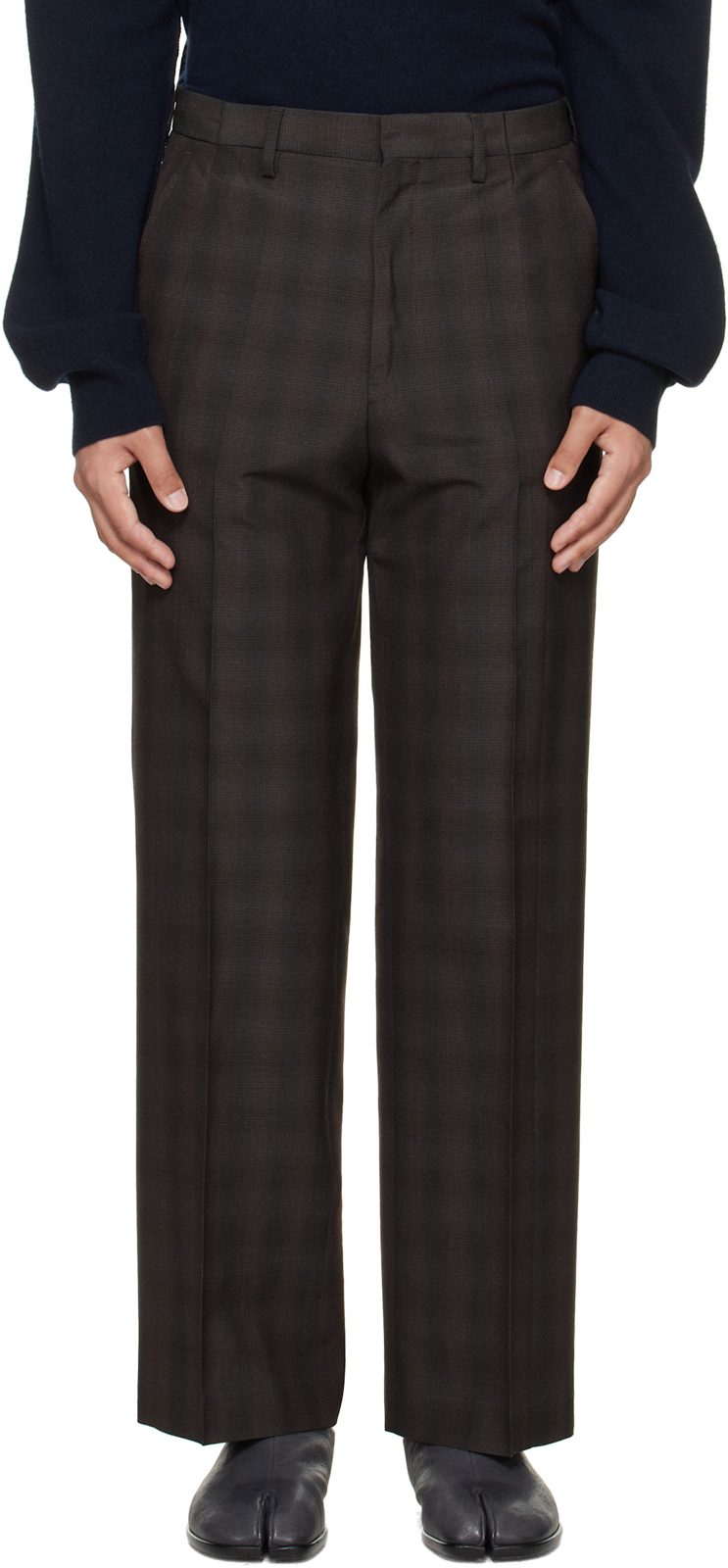 Brown Checkered Regular Tailored Trousers 262168M191011