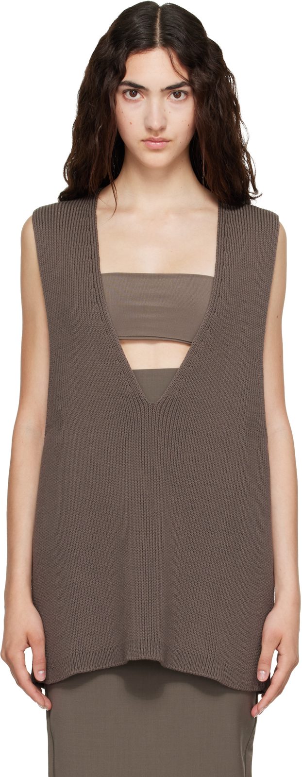 Gray Tower Wool Knit V Neck Vest 252232F111023