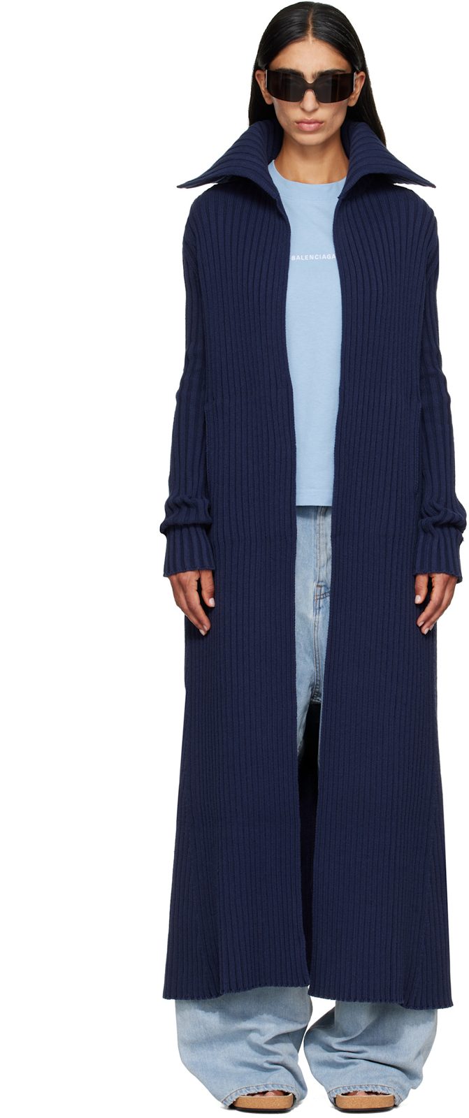 Navy Cotton Mix Thick Ribs Maxi Cardigan 262342F095000