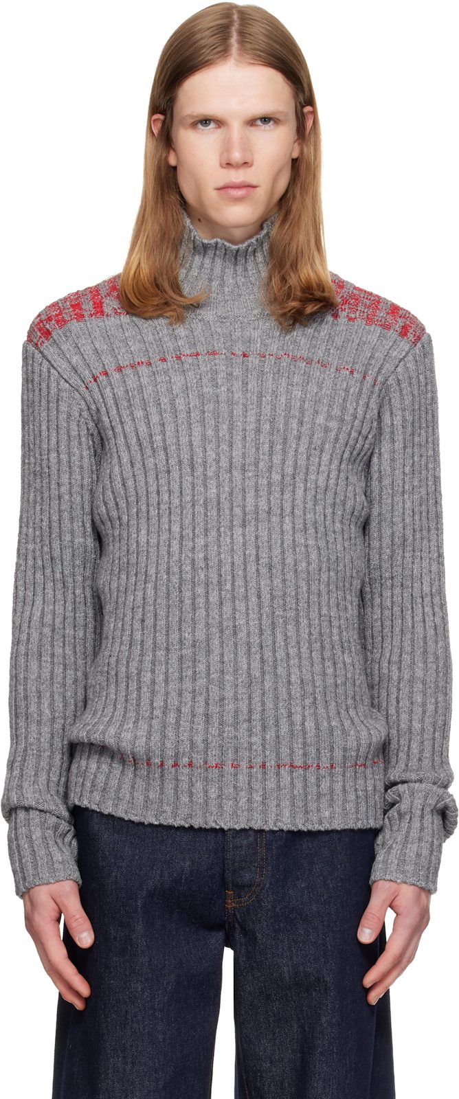 Gray Rib-Knit Wool Turtleneck 262358M205000