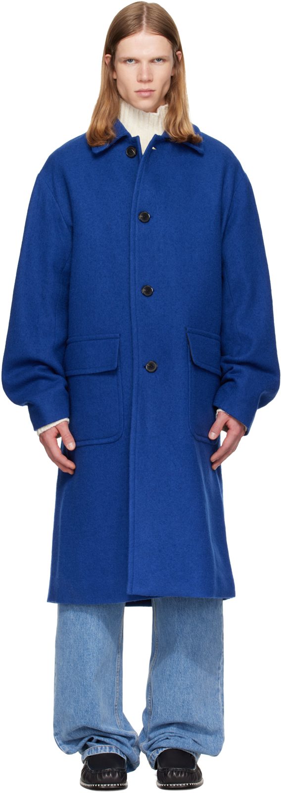 Blue Single-Breasted Wool Coat 262358M176014