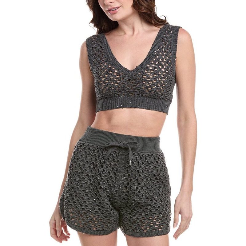 Brunello Cucinelli Charcoal Crochet Knit Crop Top_Grey