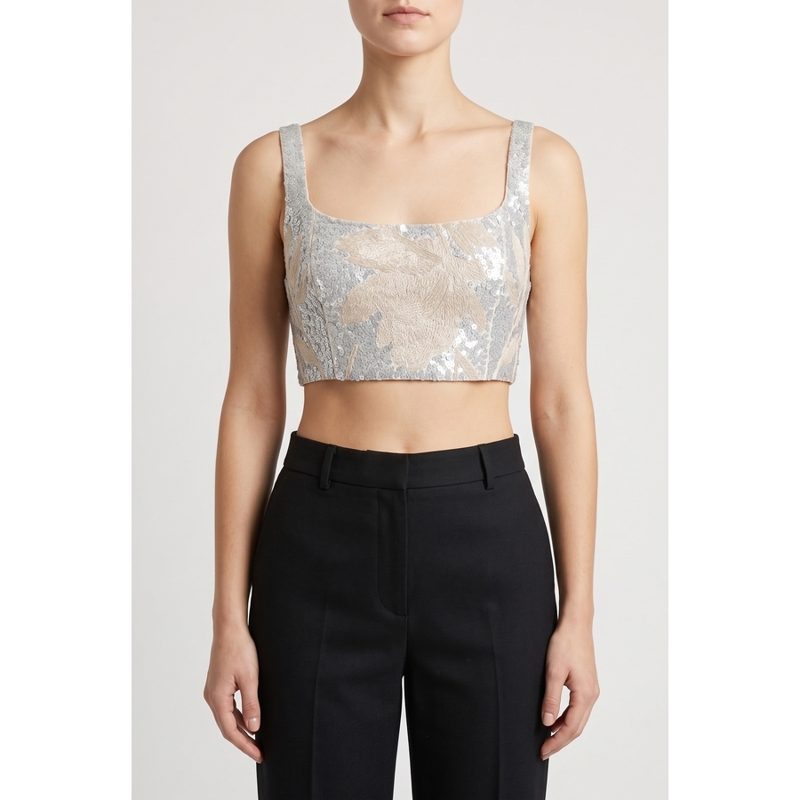 Brunello Cucinelli Silver Embroidered Cropped Shirt_Multi-Color