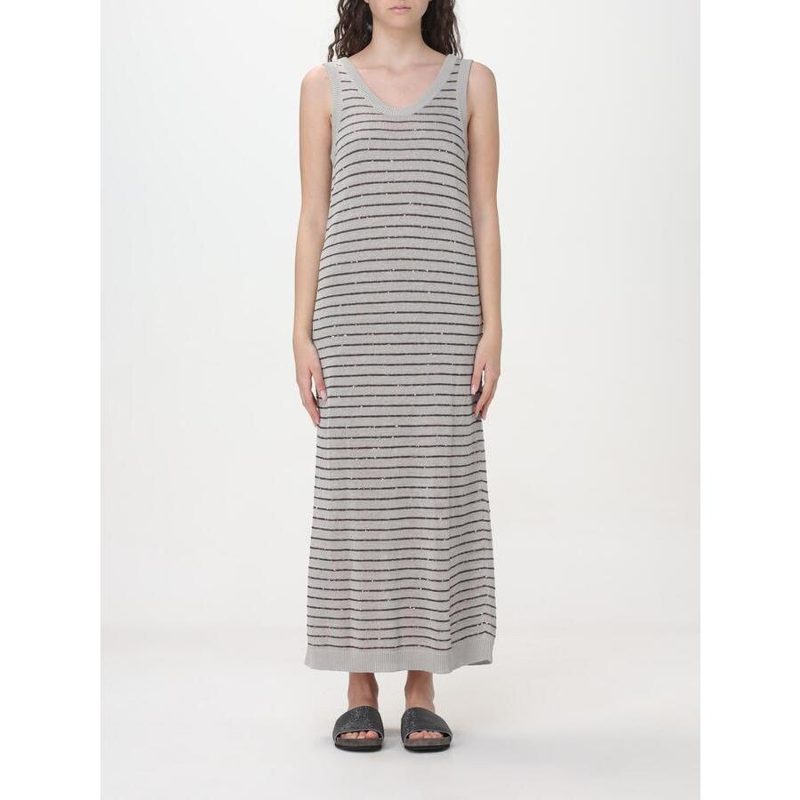 Brunello Cucinelli Wolight Grey Striped Sleeveless Dress