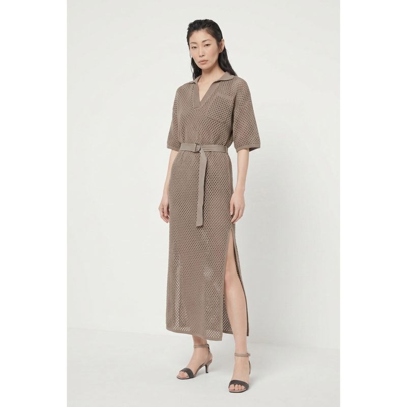 Brunello Cucinelli Wotaupe Belted Openwork Dress