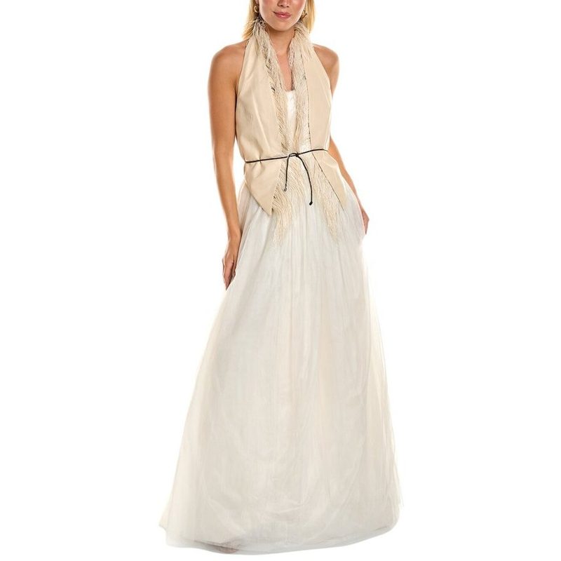 Brunello Cucinelli Champagne Halter Gown With Fringe