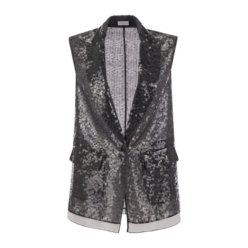 Brunello Cucinelli Woblack Silk Sequined Jacket_Black