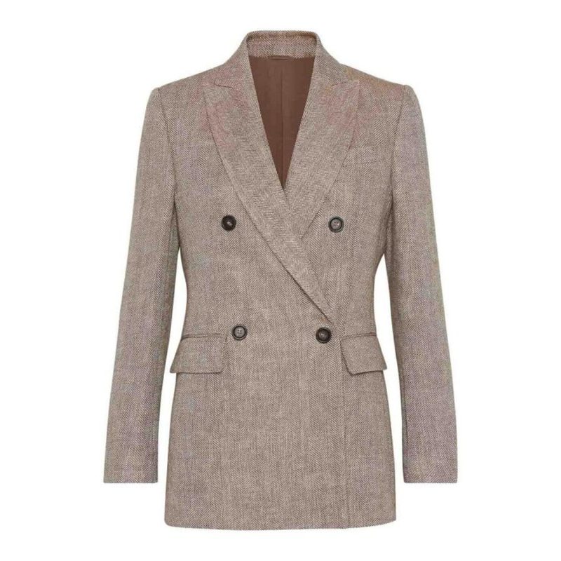 Brunello Cucinelli Wotabacco Linen Double Breasted Jacket_Brown