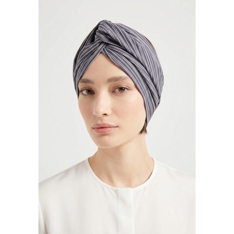 Brunello Cucinelli Dark Grey Striped Cotton Scarf_Grey