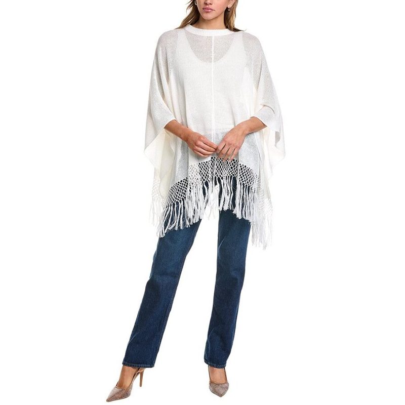 Brunello Cucinelli White Fringed Knit Poncho_White
