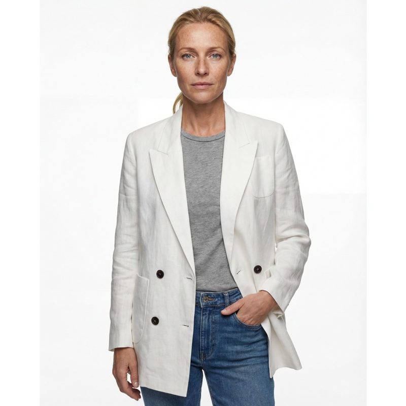 Brunello Cucinelli Optical White Double-Breasted Blazer_White