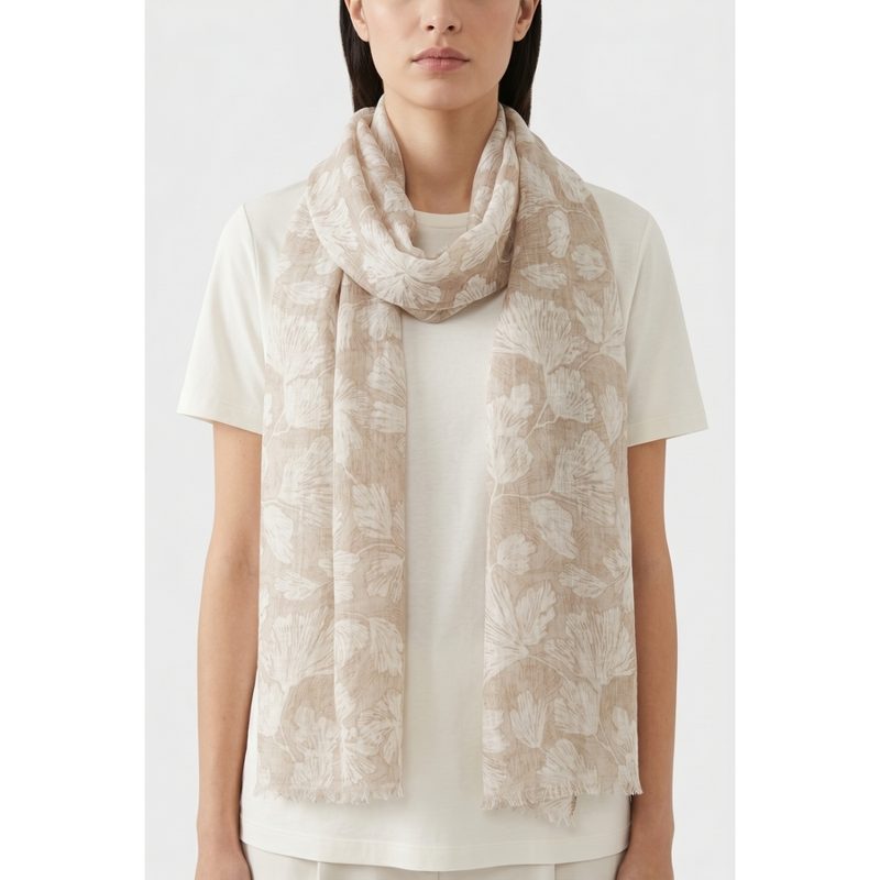 Brunello Cucinelli Womens Beige Linen Floral Scarf_Multi-Color