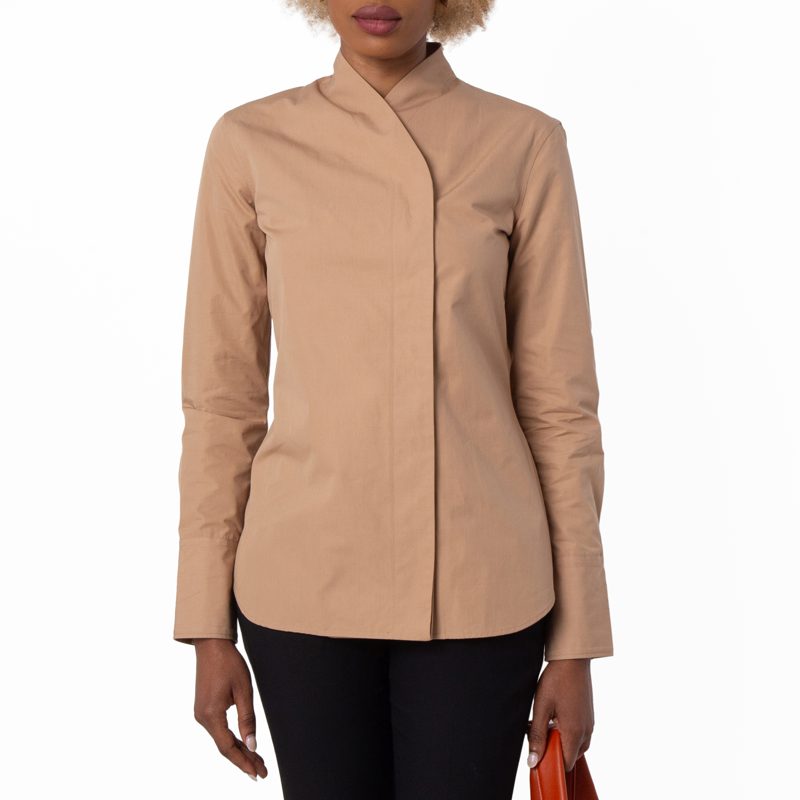 Womens Asymmetric Sculpted Poplin Blouse_Beige/Khaki
