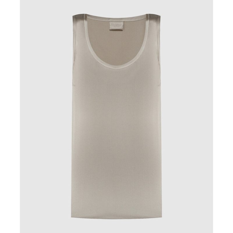 Brunello Cucinelli Wolight Beige Silk Sleeveless Shirt_Beige