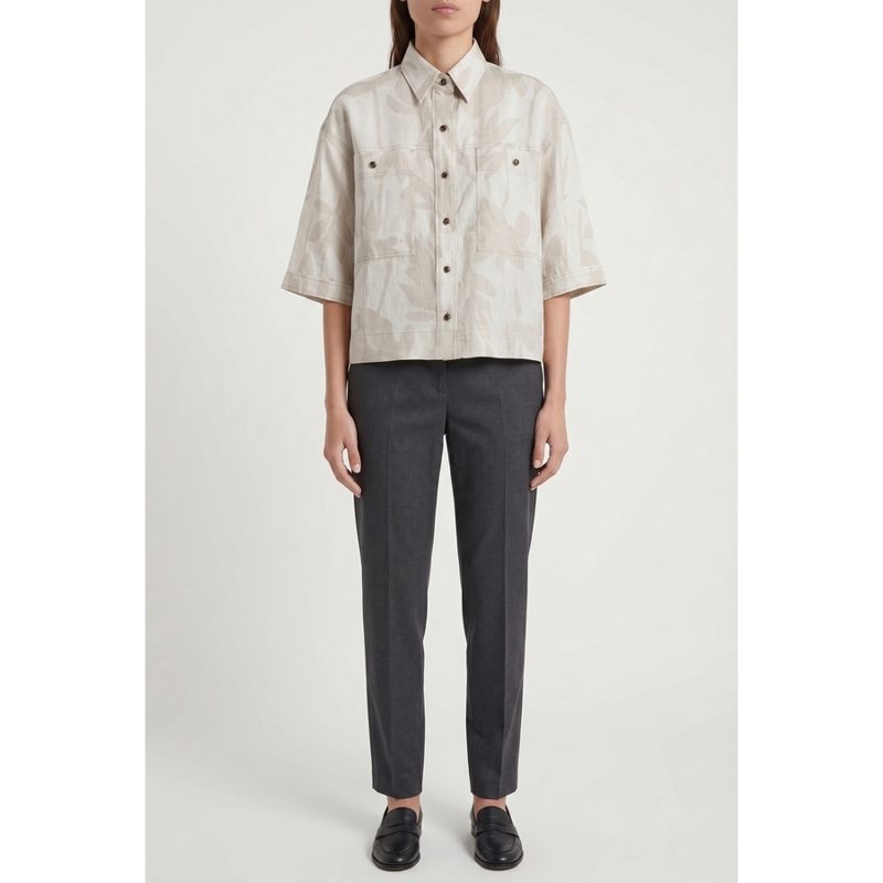Brunello Cucinelli Wolight Beige Linen Boxy Shirt_Beige