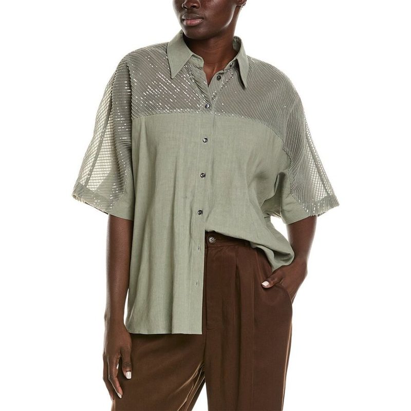 Brunello Cucinelli Sage Shirt With Sheer Sequined Yoke_Green