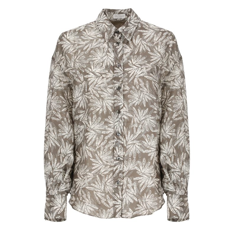 Brunello Cucinelli Chocolate Beige Patterned Button-Up Shirt_Beige