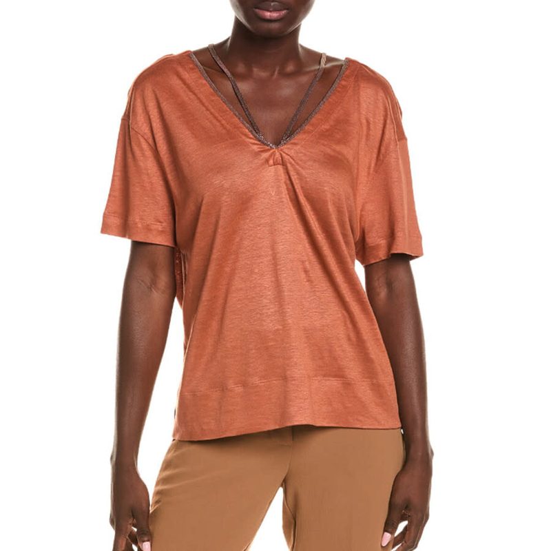 Brunello Cucinelli Rust Silk Blend Beaded Top_Orange