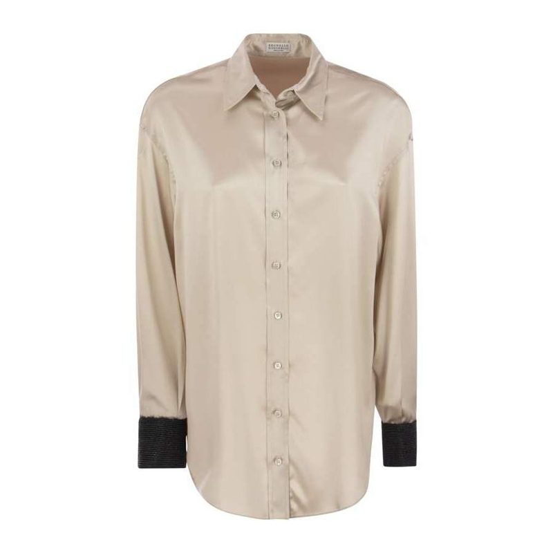 Brunello Cucinelli Beige Satin Shirt With Contrast Cuffs_Beige