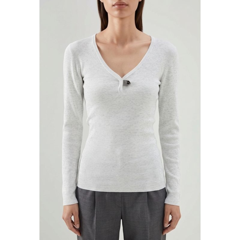 Brunello Cucinelli Light Grey Ribbed Knit Top_White
