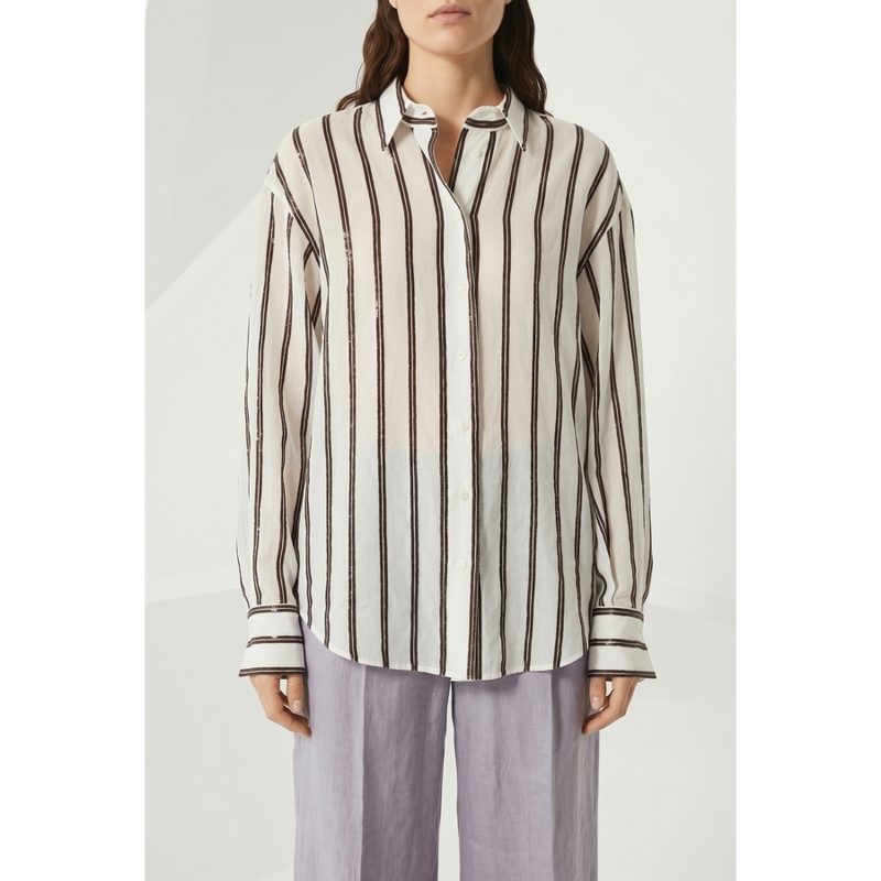 Brunello Cucinelli White Striped Relaxed Shirt_Multi-Color