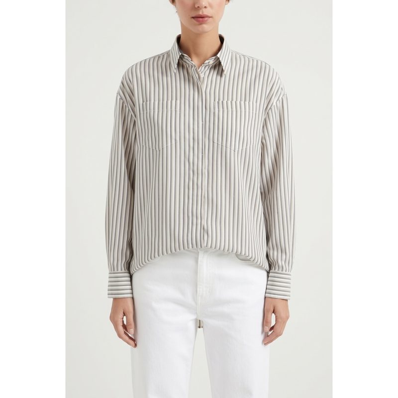 Brunello Cucinelli Beige Striped Silk Shirt_Multi-Color