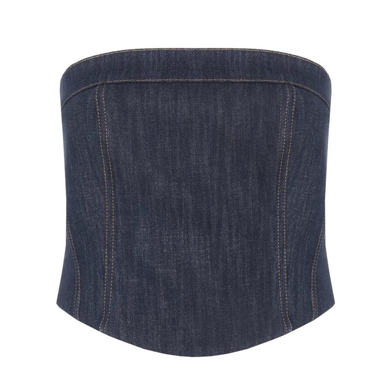 Brunello Cucinelli Woblue Cotton Blend Strapless Bustier Top_Blue