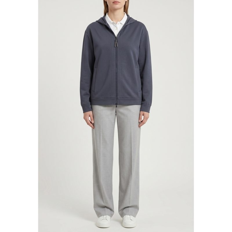 Brunello Cucinelli Wodark Blue Zip Hoodie_Blue