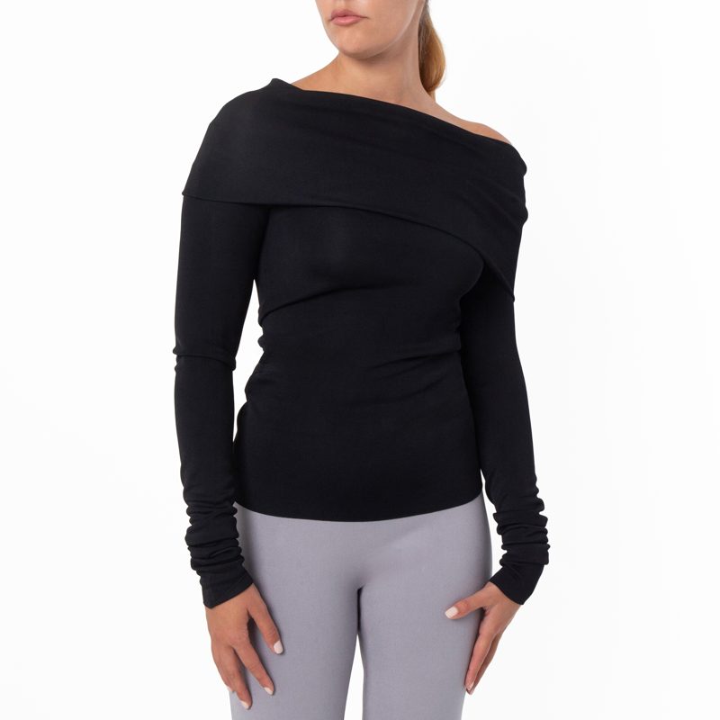 Asymmetric Collar One-Shoulder Sweater_Black