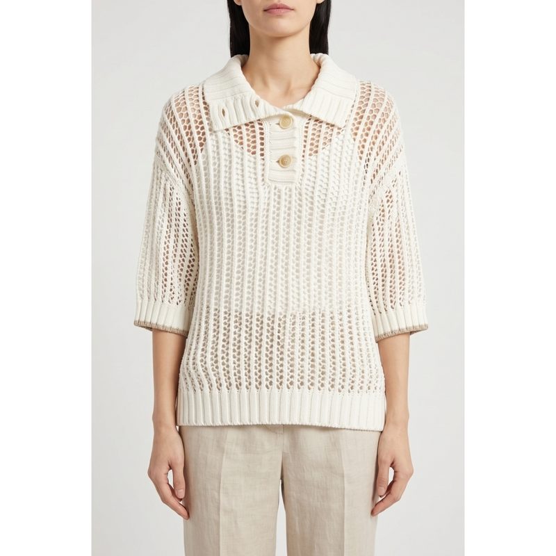 Brunello Cucinelli Wooff White Open Knit Sweater_Beige