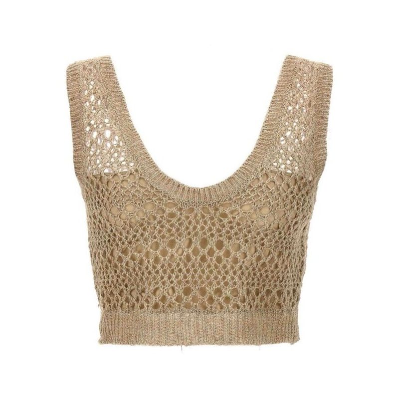 Brunello Cucinelli Wobeige Linen Silk Knit Top_Beige