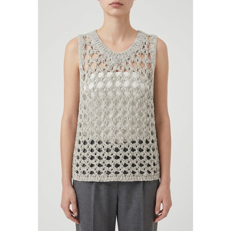 Brunello Cucinelli Wolight Grey Openwork Knit Sweater_Grey