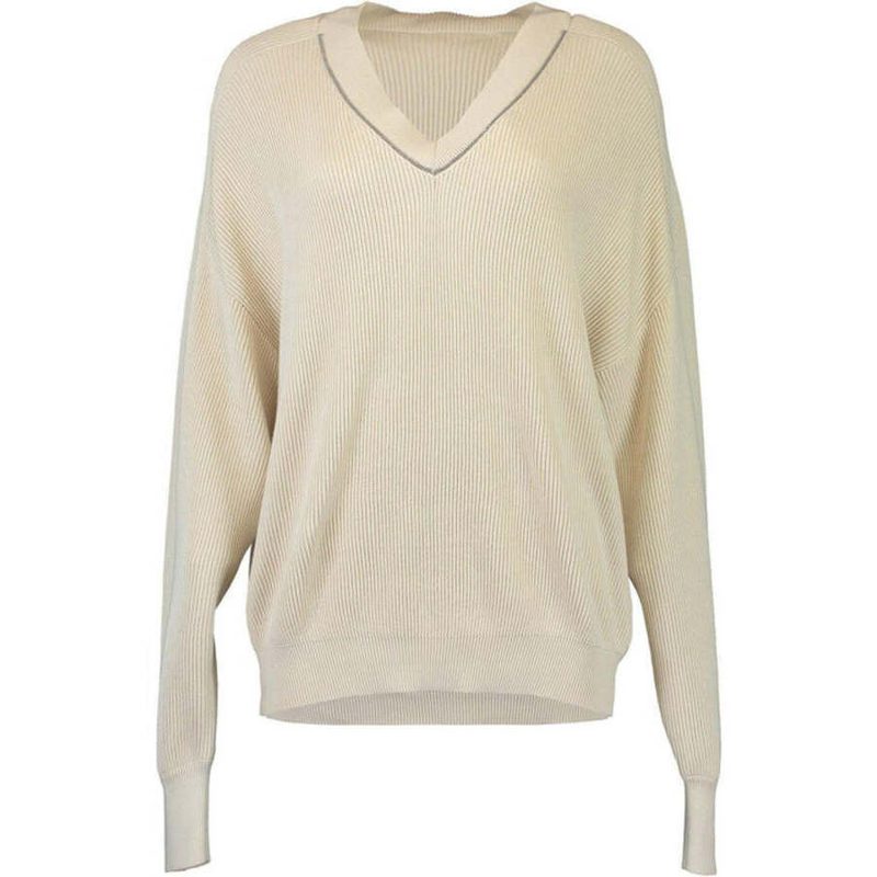 Brunello Cucinelli Wobeige Ribbed V Neck Sweater_Beige