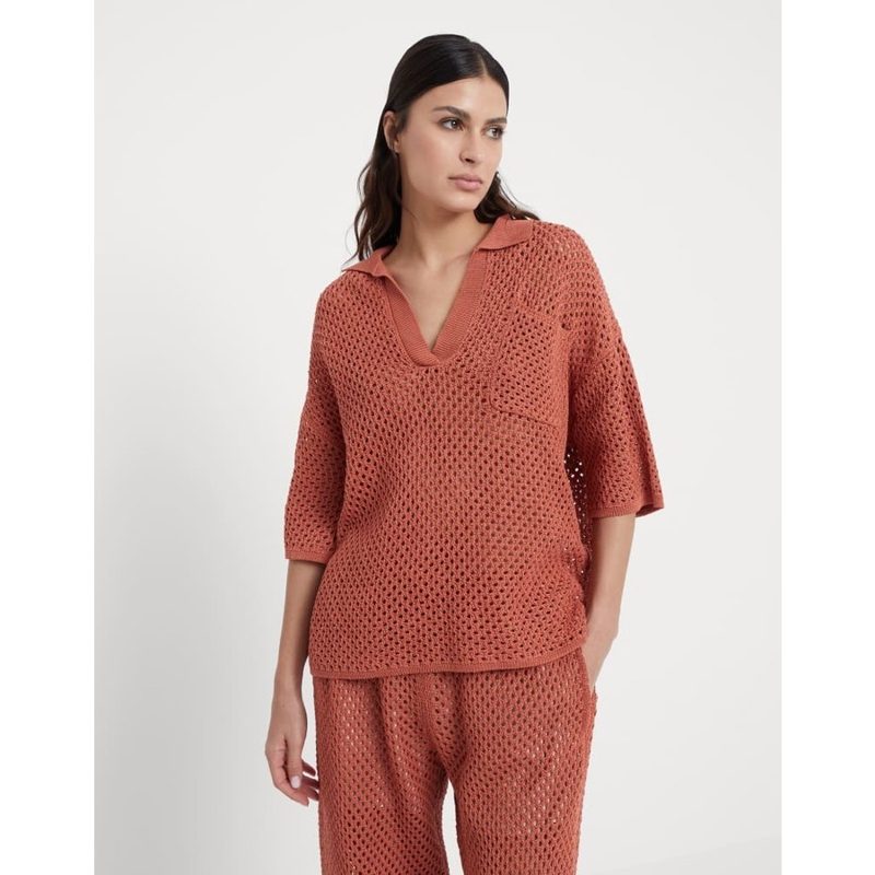 Brunello Cucinelli Worust Openwork Cotton Sweater_Orange