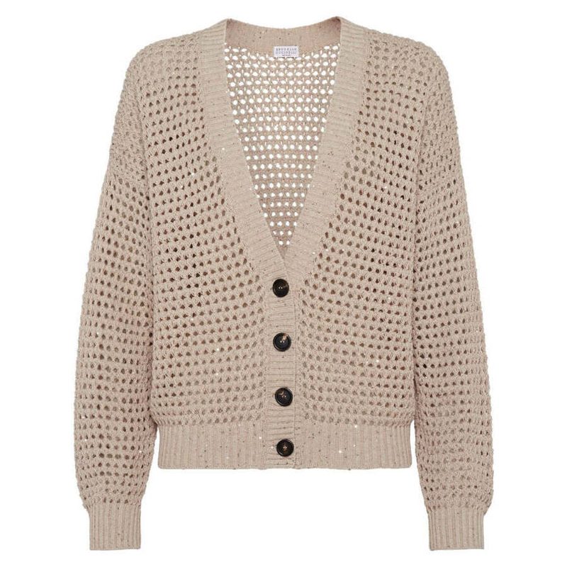 Brunello Cucinelli Wolight Camel Open Knit Sweater_Beige