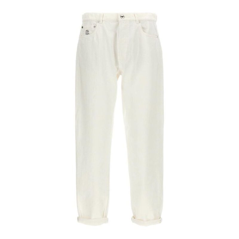 Brunello Cucinelli Off White Relaxed Cotton Trousers_White