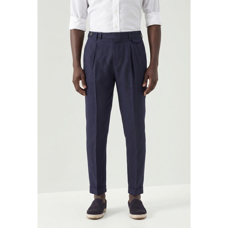 Brunello Cucinelli Navy Linen Tapered Trousers_Navy