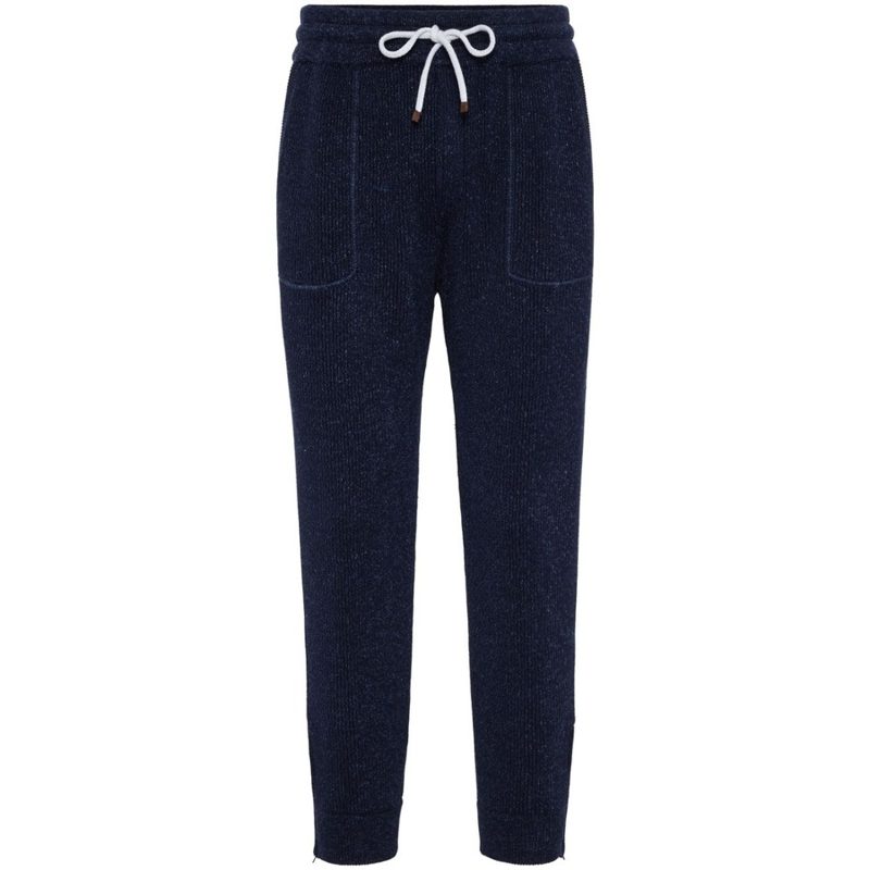 Brunello Cucinelli Navy Cotton Linen Ribbed Jogger Trousers_Navy
