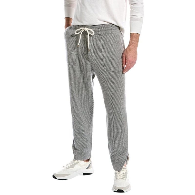 Brunello Cucinelli Light Grey Cashmere Ribbed Drawstring Trousers_Grey