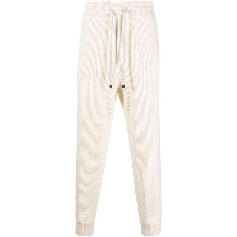 Brunello Cucinelli Cream Ribbed Knit Drawstring Trousers_Beige